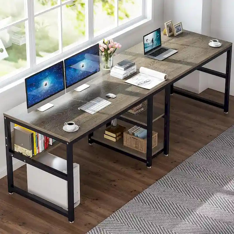 78.7-Inch Two-Person Desk with Bookshelf and Storage Shelf