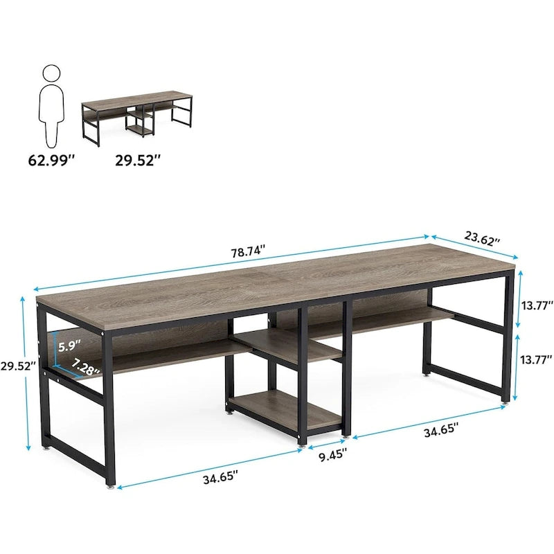 78.7-Inch Two-Person Desk with Bookshelf and Storage Shelf