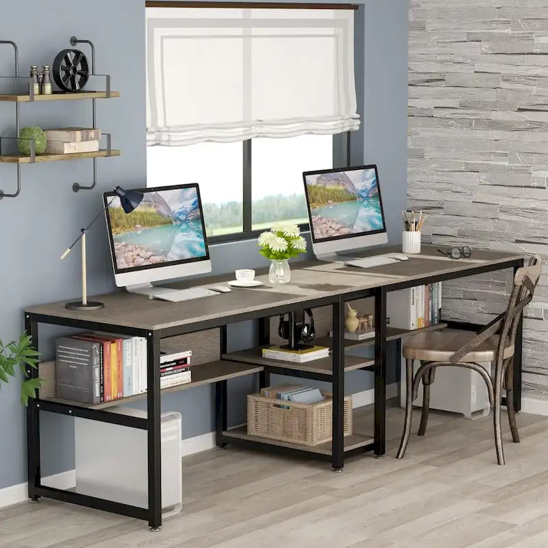 78.7-Inch Two-Person Desk with Bookshelf and Storage Shelf