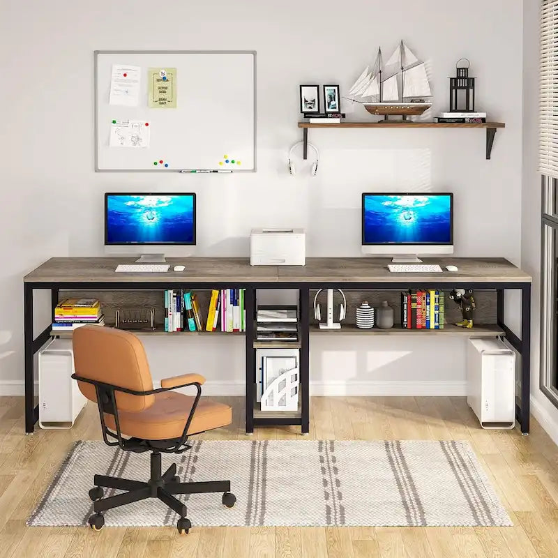 78.7-Inch Two-Person Desk with Bookshelf and Storage Shelf