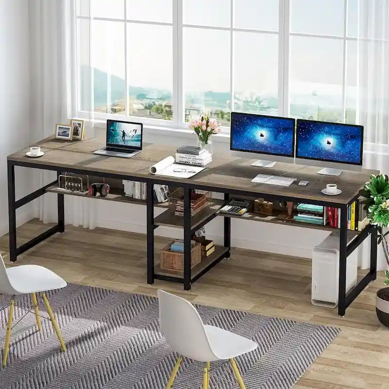 78.7-Inch Two-Person Desk with Bookshelf and Storage Shelf