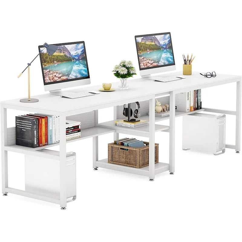 78.7-Inch Two-Person Desk with Bookshelf and Storage Shelf