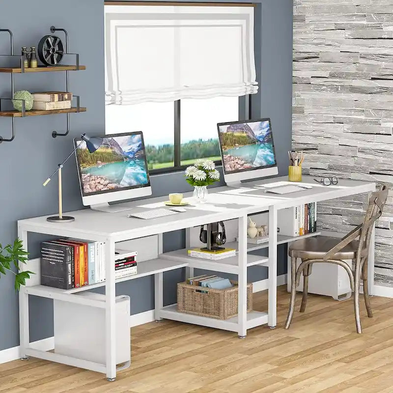 78.7-Inch Two-Person Desk with Bookshelf and Storage Shelf