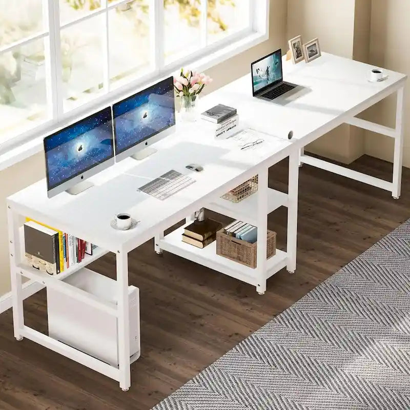 78.7-Inch Two-Person Desk with Bookshelf and Storage Shelf