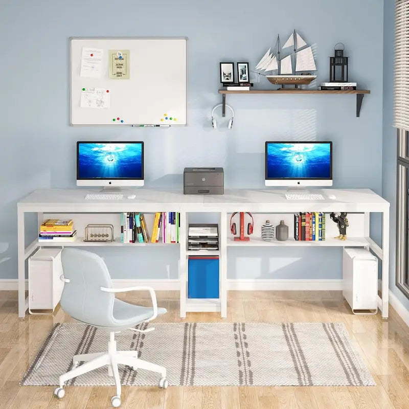 78.7-Inch Two-Person Desk with Bookshelf and Storage Shelf