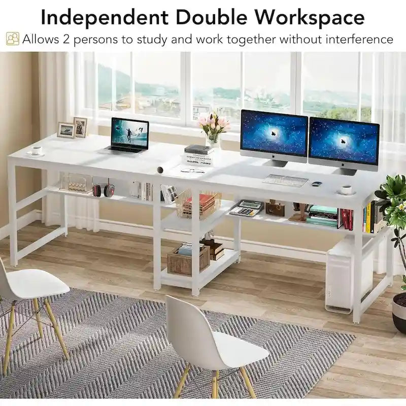 78.7-Inch Two-Person Desk with Bookshelf and Storage Shelf