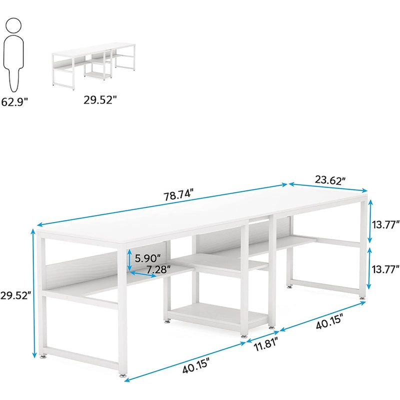 78.7-Inch Two-Person Desk with Bookshelf and Storage Shelf