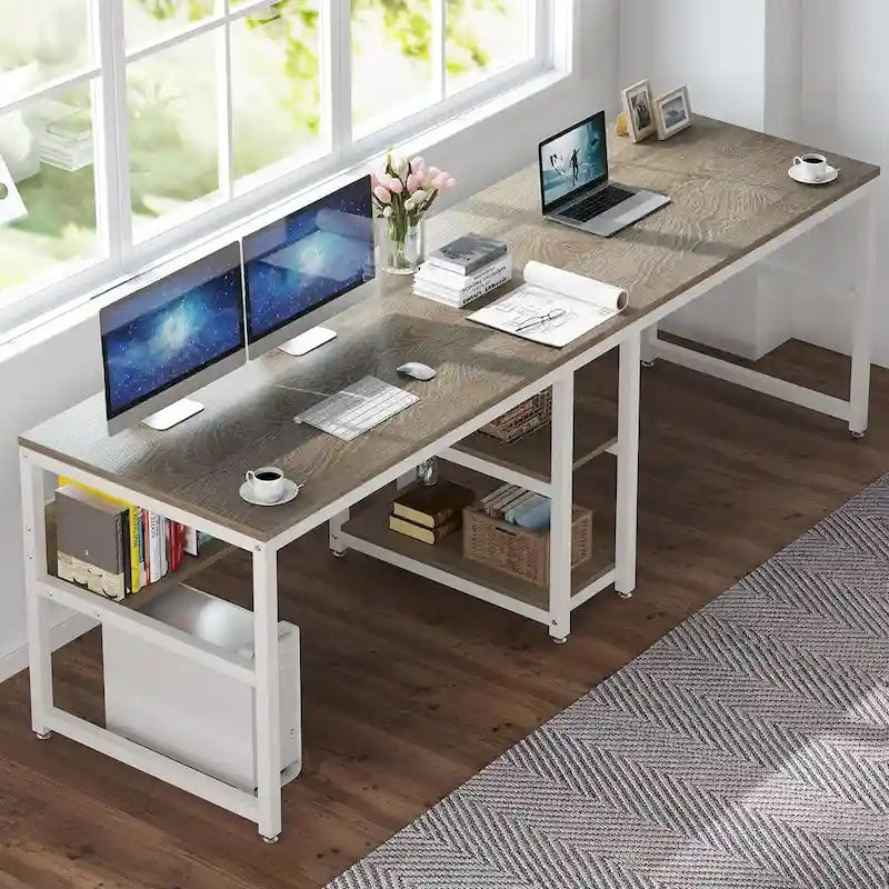 78.7-Inch Two-Person Desk with Bookshelf and Storage Shelf
