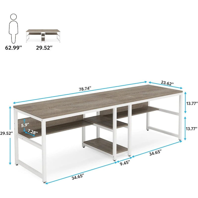 78.7-Inch Two-Person Desk with Bookshelf and Storage Shelf