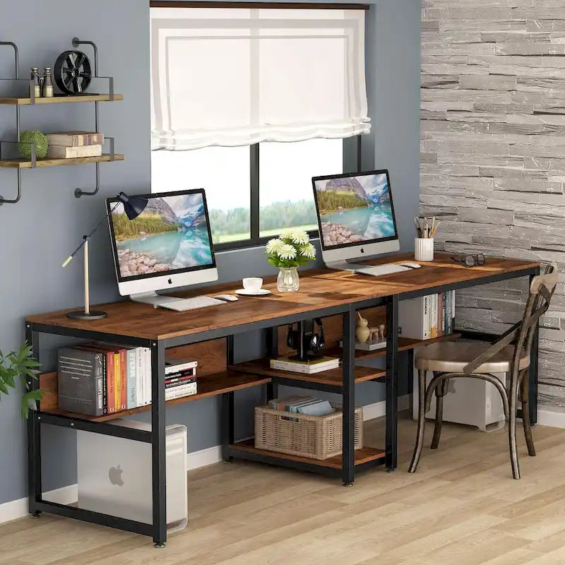 78.7-Inch Two-Person Desk with Bookshelf and Storage Shelf