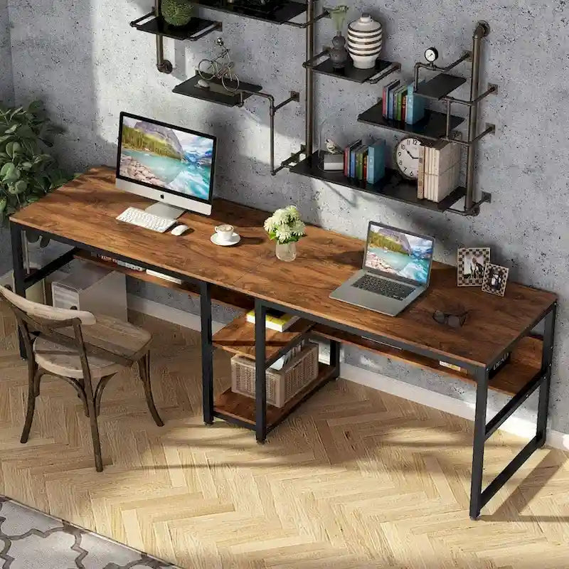 78.7-Inch Two-Person Desk with Bookshelf and Storage Shelf