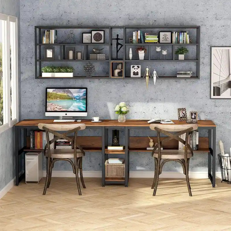 78.7-Inch Two-Person Desk with Bookshelf and Storage Shelf