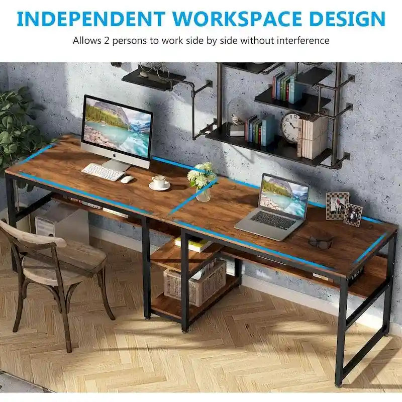 78.7-Inch Two-Person Desk with Bookshelf and Storage Shelf