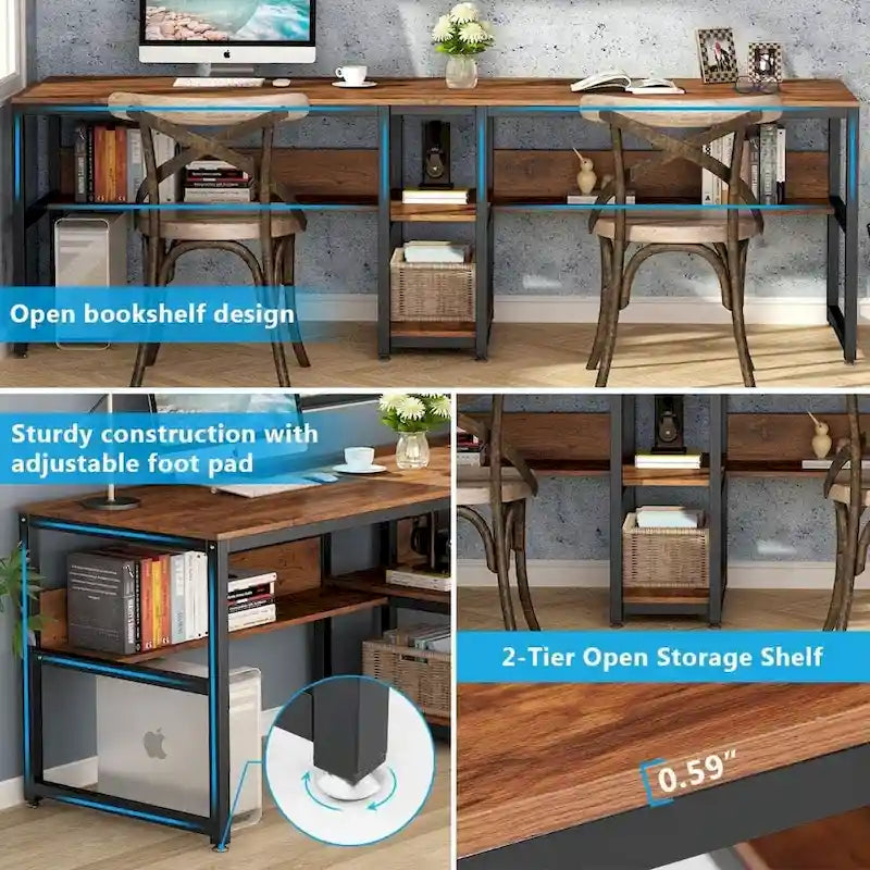 78.7-Inch Two-Person Desk with Bookshelf and Storage Shelf