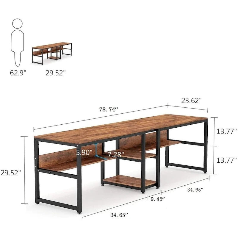 78.7-Inch Two-Person Desk with Bookshelf and Storage Shelf