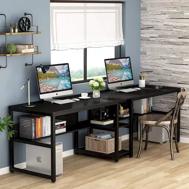 78.7-Inch Two-Person Desk with Bookshelf and Storage Shelf
