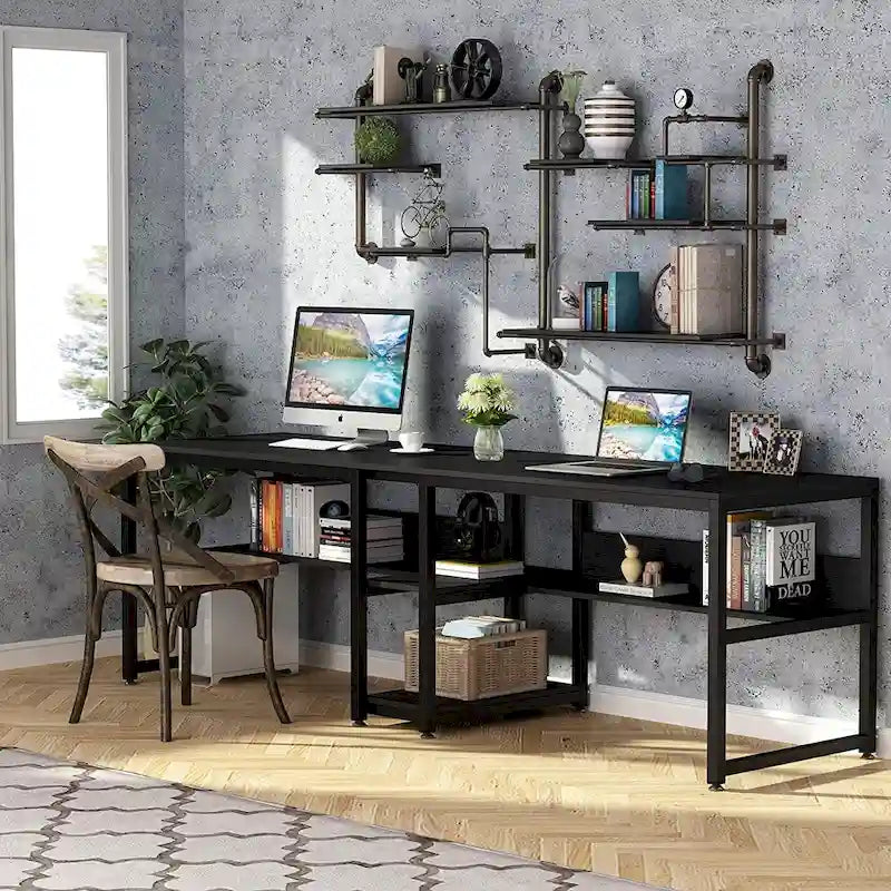 78.7-Inch Two-Person Desk with Bookshelf and Storage Shelf