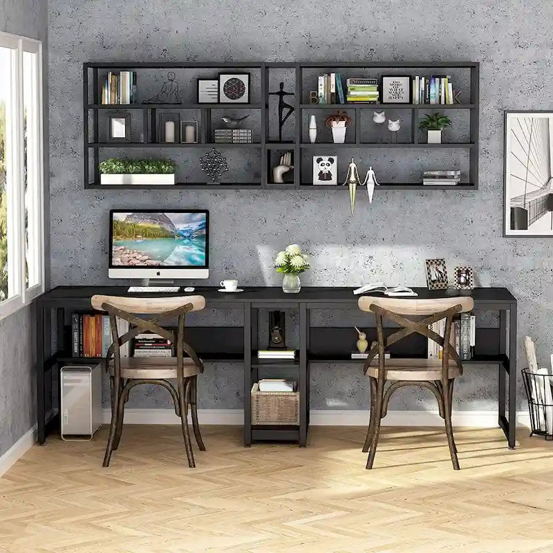 78.7-Inch Two-Person Desk with Bookshelf and Storage Shelf