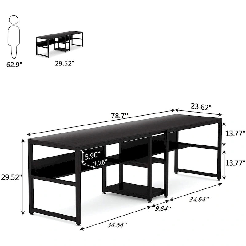 78.7-Inch Two-Person Desk with Bookshelf and Storage Shelf
