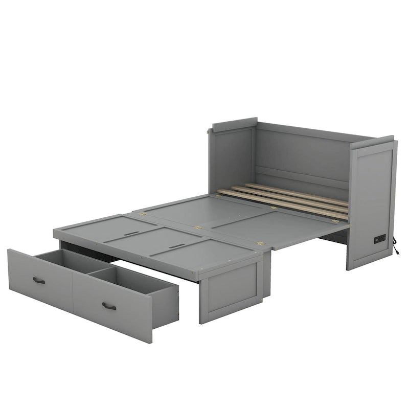 Full Size Murphy Bed with Storage Drawer and USB Ports, Gray