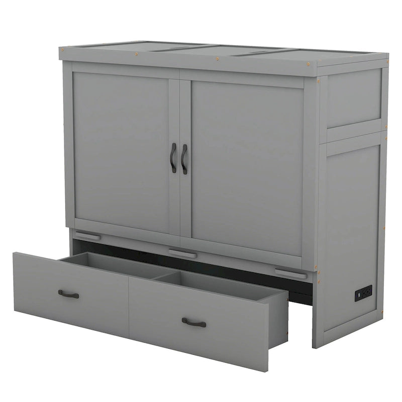 Full Size Murphy Bed with Storage Drawer and USB Ports, Gray
