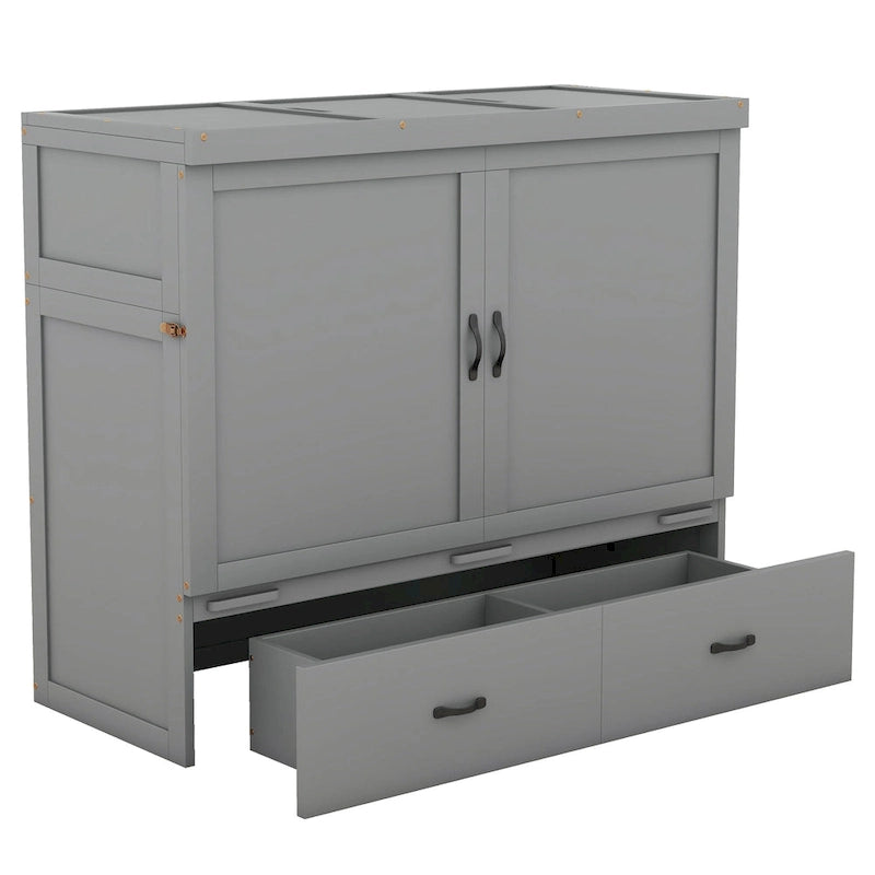 Full Size Murphy Bed with Storage Drawer and USB Ports, Gray