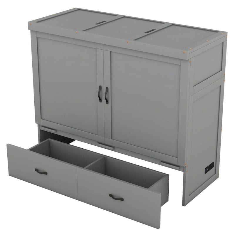 Full Size Murphy Bed with Storage Drawer and USB Ports, Gray