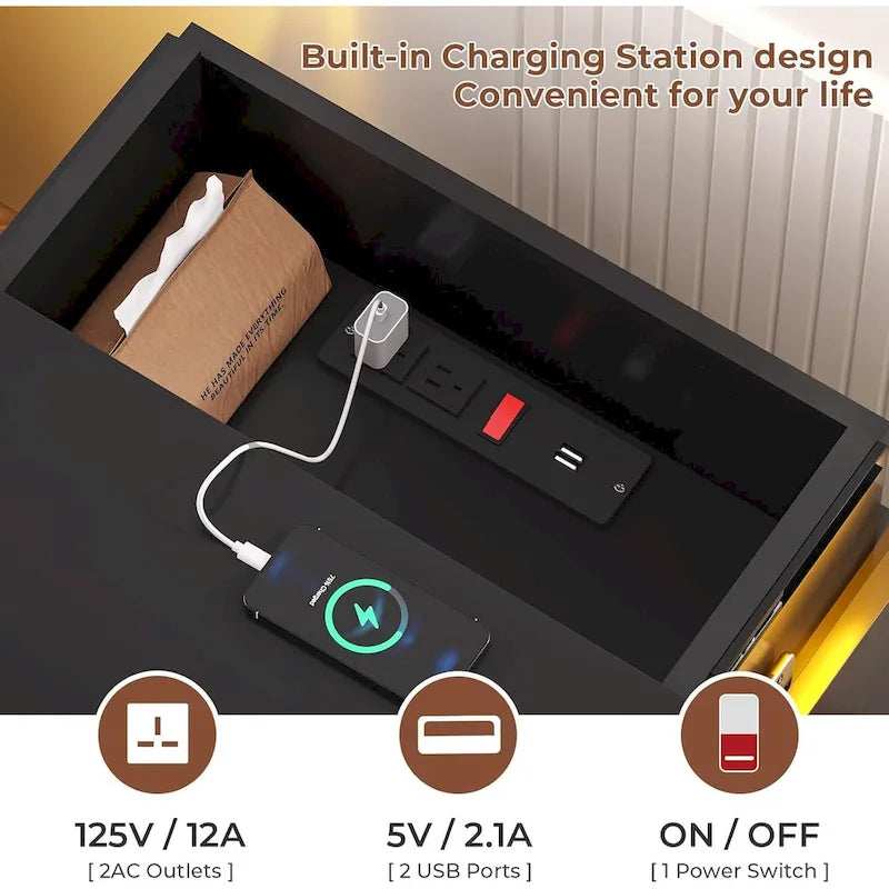 Nightstand with Charging Station and LED Lights