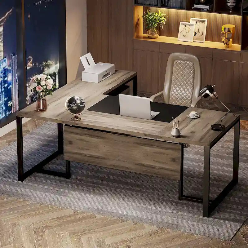 70.8 Inch L-Shaped Desk with Mobile File Cabinet