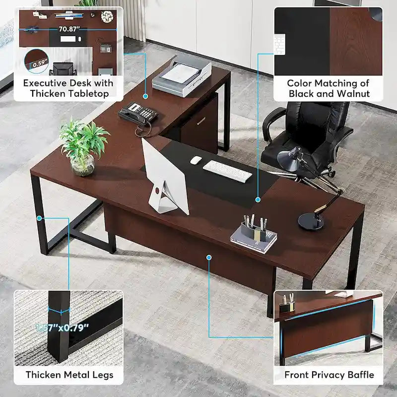 70.8 Inch L-Shaped Desk with Mobile File Cabinet