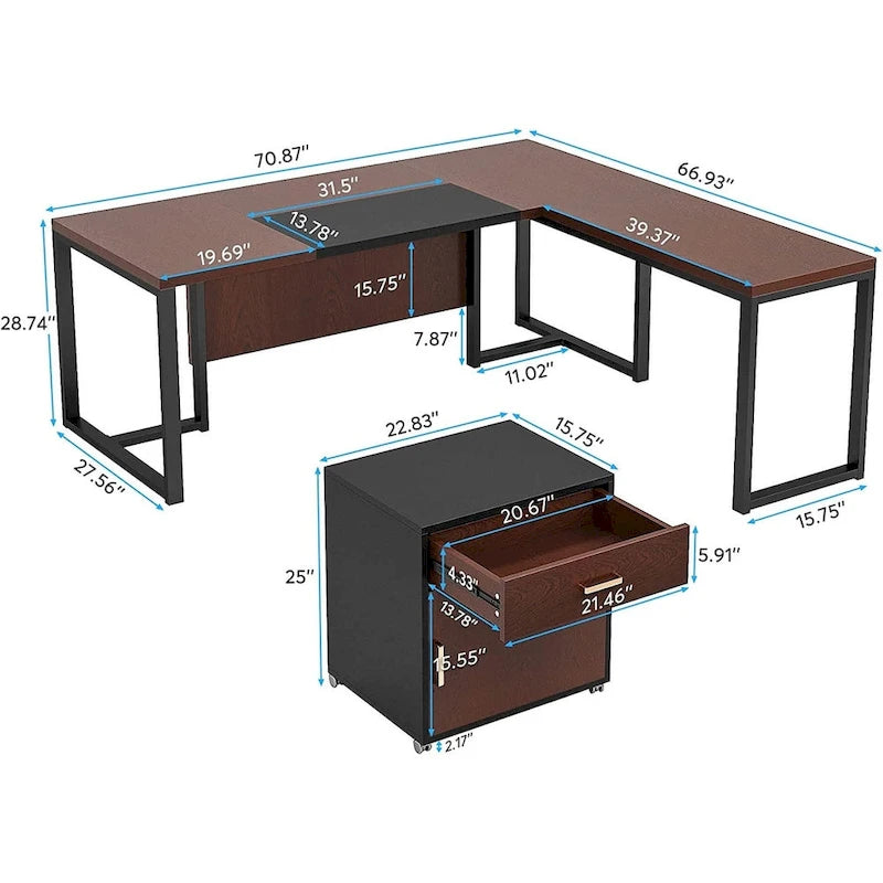 70.8 Inch L-Shaped Desk with Mobile File Cabinet
