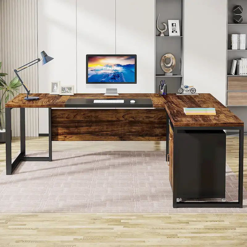 70.8 Inch L-Shaped Desk with Mobile File Cabinet