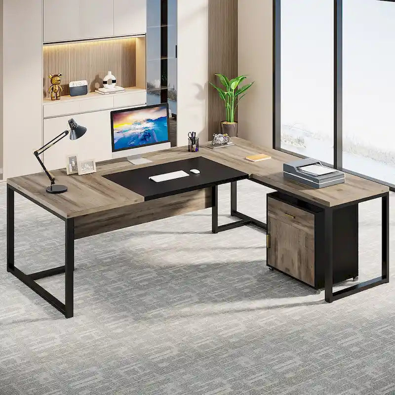 70.8 Inch L-Shaped Desk with Mobile File Cabinet