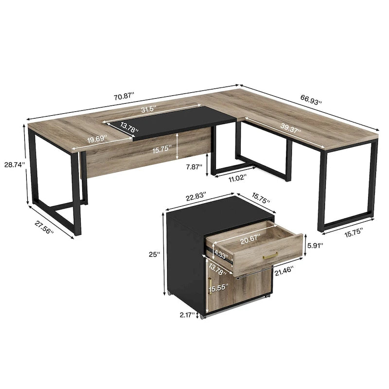 70.8 Inch L-Shaped Desk with Mobile File Cabinet