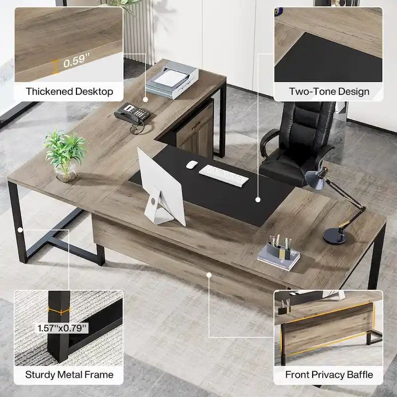 70.8 Inch L-Shaped Desk with Mobile File Cabinet