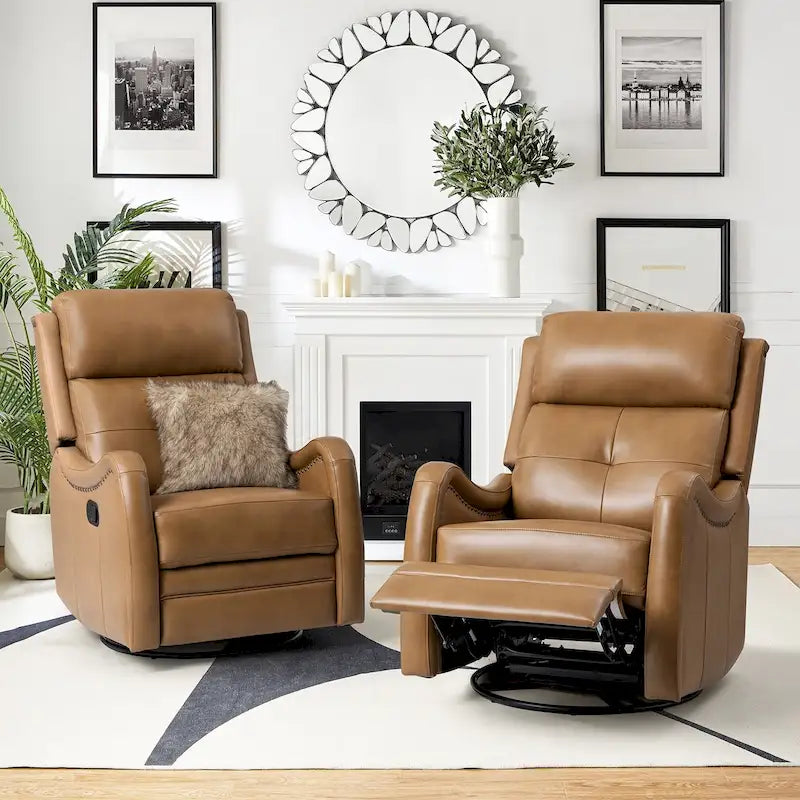 Genuine Leather Swivel Rocker Recliner with Nailhead Trims, Set of 2