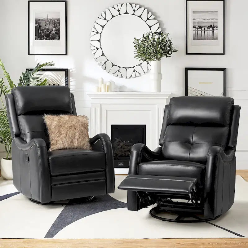 Genuine Leather Swivel Rocker Recliner with Nailhead Trims, Set of 2