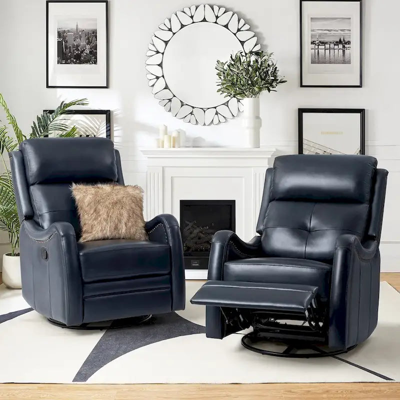 Genuine Leather Swivel Rocker Recliner with Nailhead Trims, Set of 2