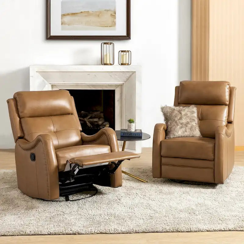 Genuine Leather Swivel Rocker Recliner with Nailhead Trims, Set of 2
