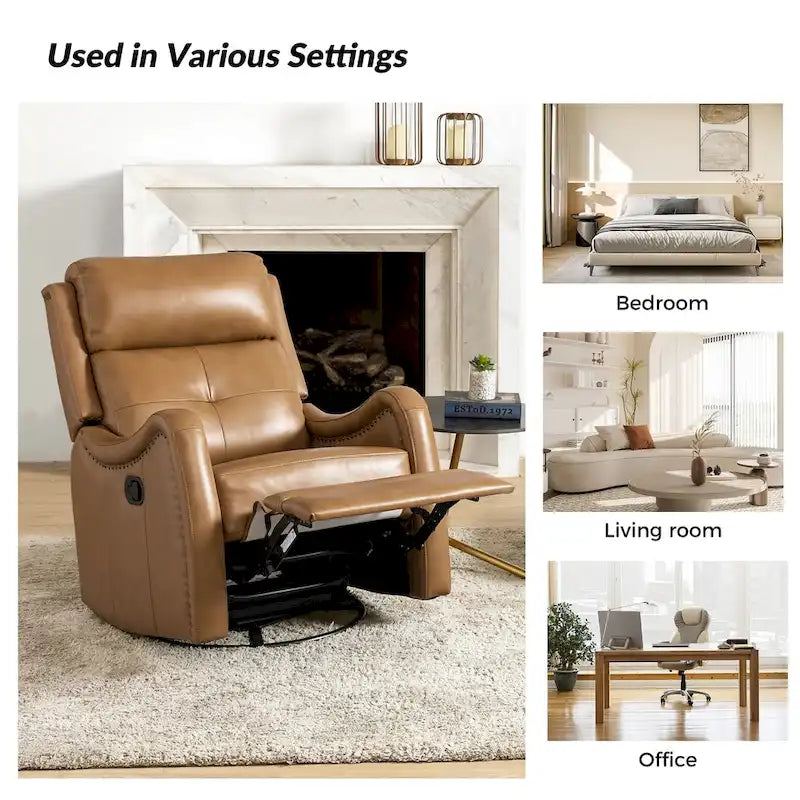 Genuine Leather Swivel Rocker Recliner with Nailhead Trims, Set of 2