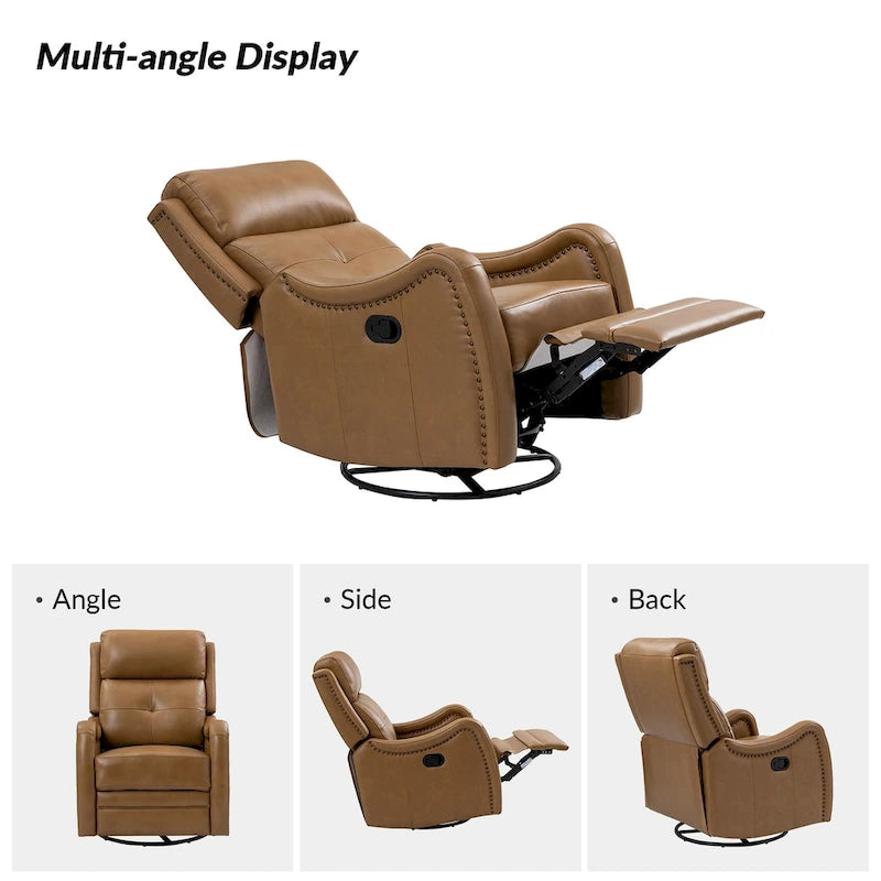 Genuine Leather Swivel Rocker Recliner with Nailhead Trims, Set of 2