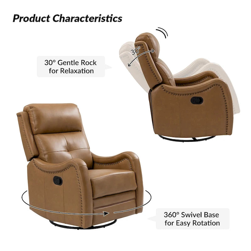 Genuine Leather Swivel Rocker Recliner with Nailhead Trims, Set of 2