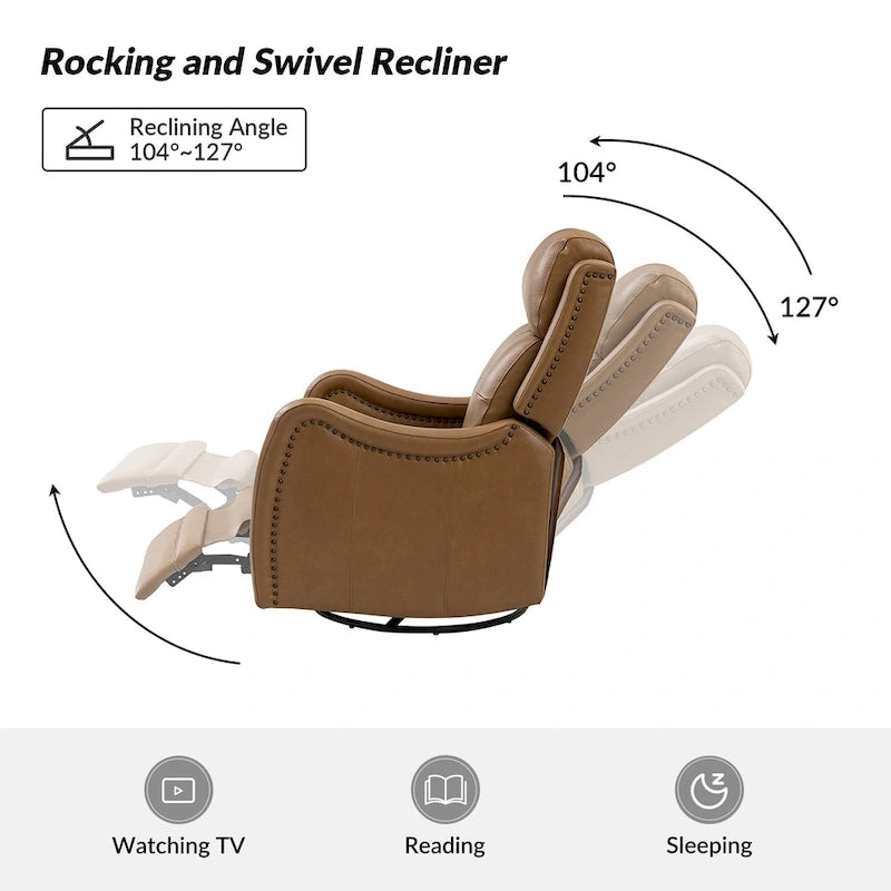 Genuine Leather Swivel Rocker Recliner with Nailhead Trims, Set of 2
