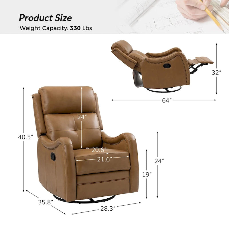 Genuine Leather Swivel Rocker Recliner with Nailhead Trims, Set of 2