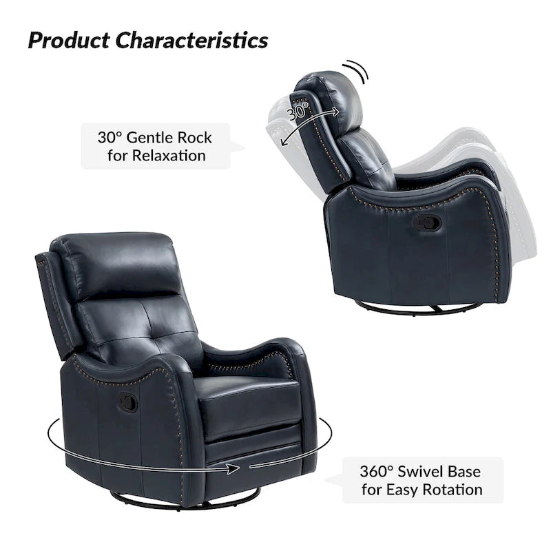 Genuine Leather Swivel Rocker Recliner with Nailhead Trims, Set of 2