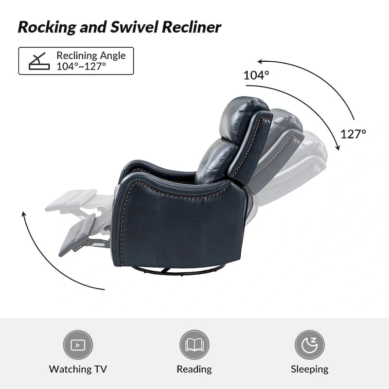 Genuine Leather Swivel Rocker Recliner with Nailhead Trims, Set of 2