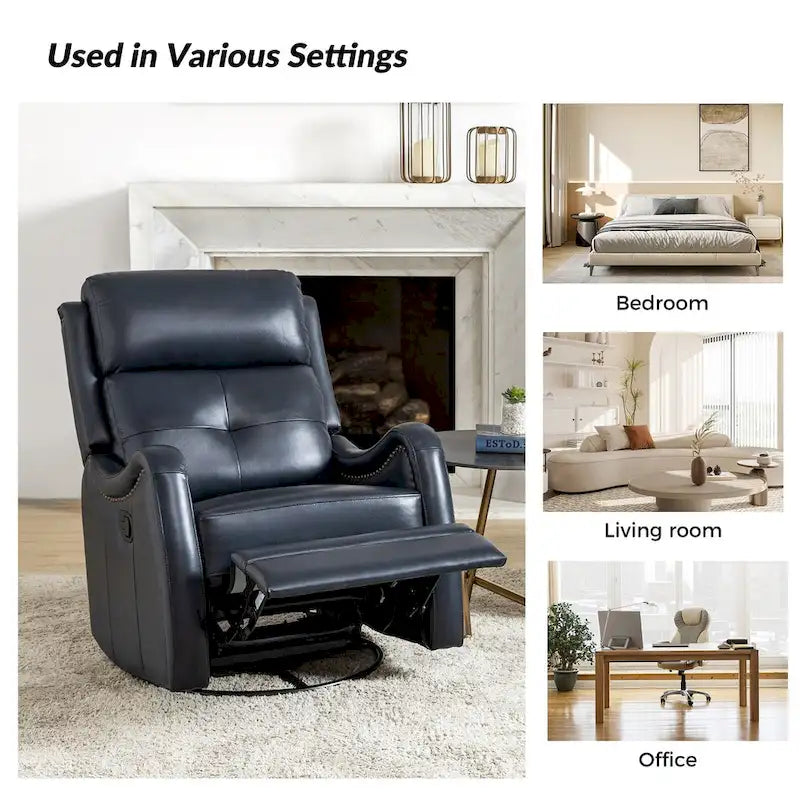 Genuine Leather Swivel Rocker Recliner with Nailhead Trims, Set of 2