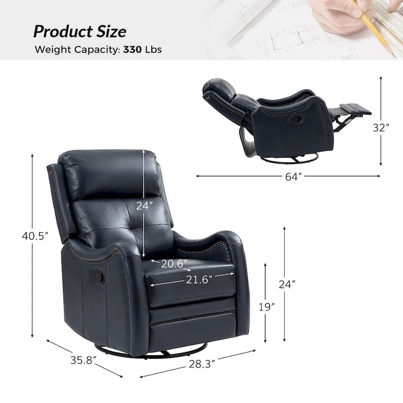 Genuine Leather Swivel Rocker Recliner with Nailhead Trims, Set of 2