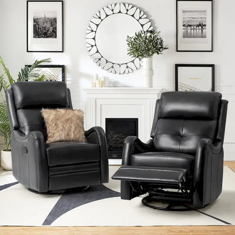 Genuine Leather Swivel Rocker Recliner with Nailhead Trims, Set of 2