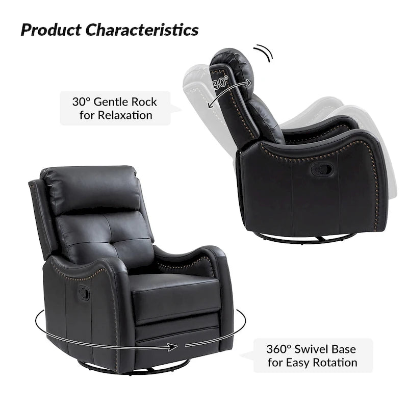 Genuine Leather Swivel Rocker Recliner with Nailhead Trims, Set of 2